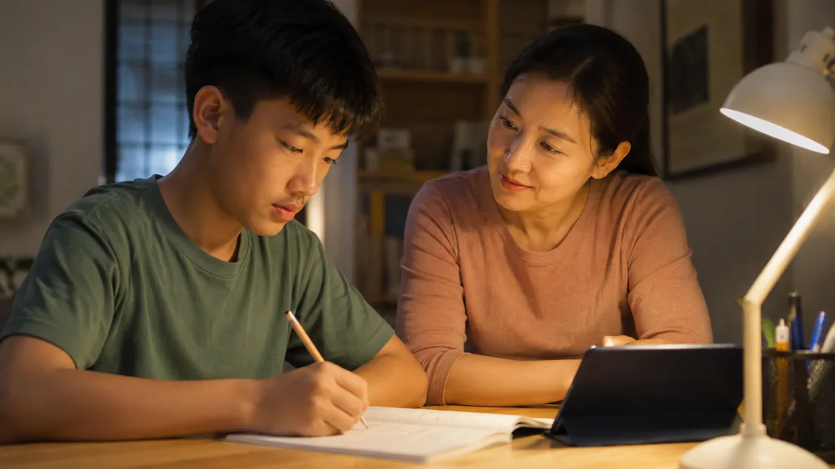 Người mẹ ngồi cùng con học bài buổi tối, minh họa cách dạy con dùng AI đúng cách