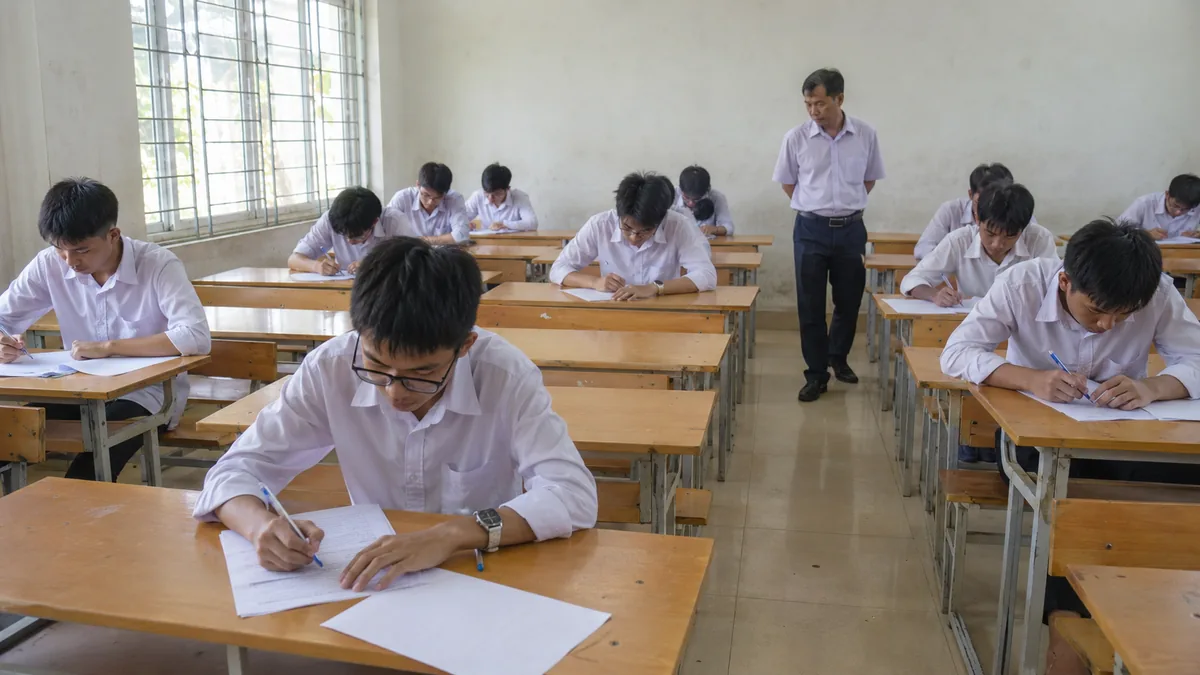 Học sinh làm bài kiểm tra trên giấy trong phòng thi, giám thị đi giữa các dãy bàn — minh họa mức A0 không dùng AI